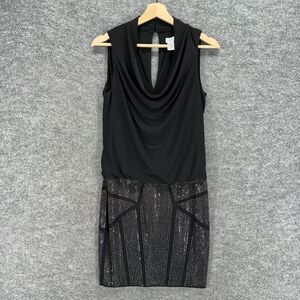 Cache Dress Women 6 Black Shift Short Rhinestone Sleeveless V-Neck Hook & Eye